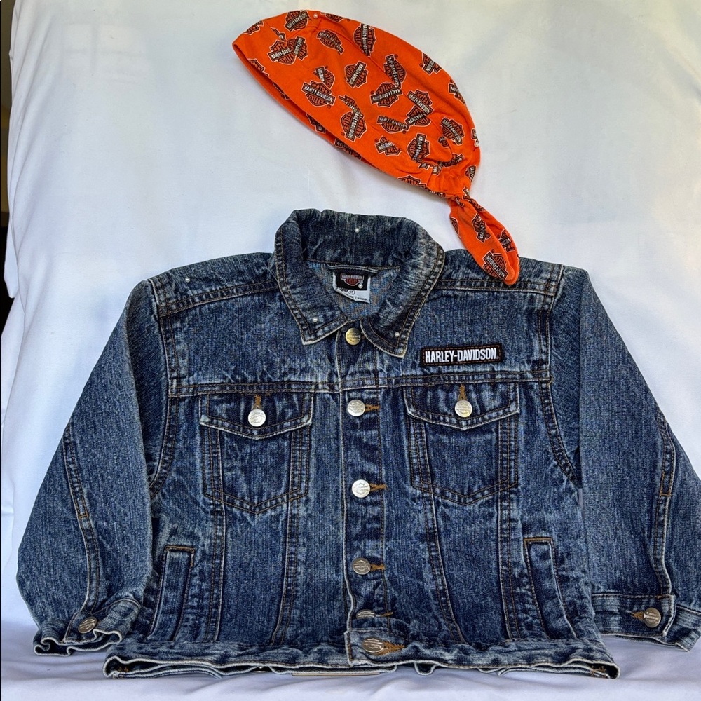 VINTAGE LIKE NEW! HARLEY-DAVIDSON DENIM BLUE JEANS JACKET & HEADWRAP SIZE 4T - Picture 3 of 16